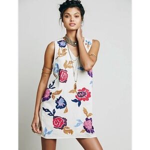 Free People Medium Ivory Mini Shift Dress Embroidered Sequin Floral Sleeveless